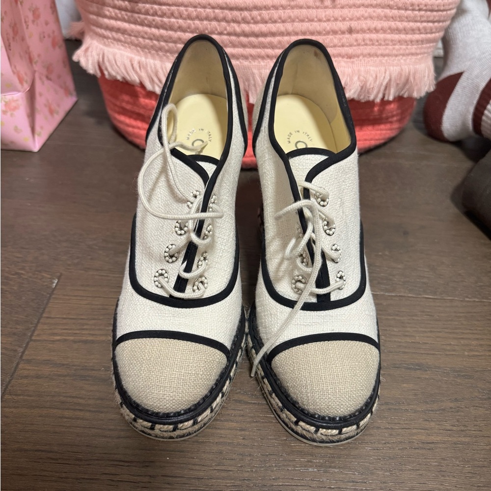 CHANEL Cream and Black Espadrille Lace-Up Shoes